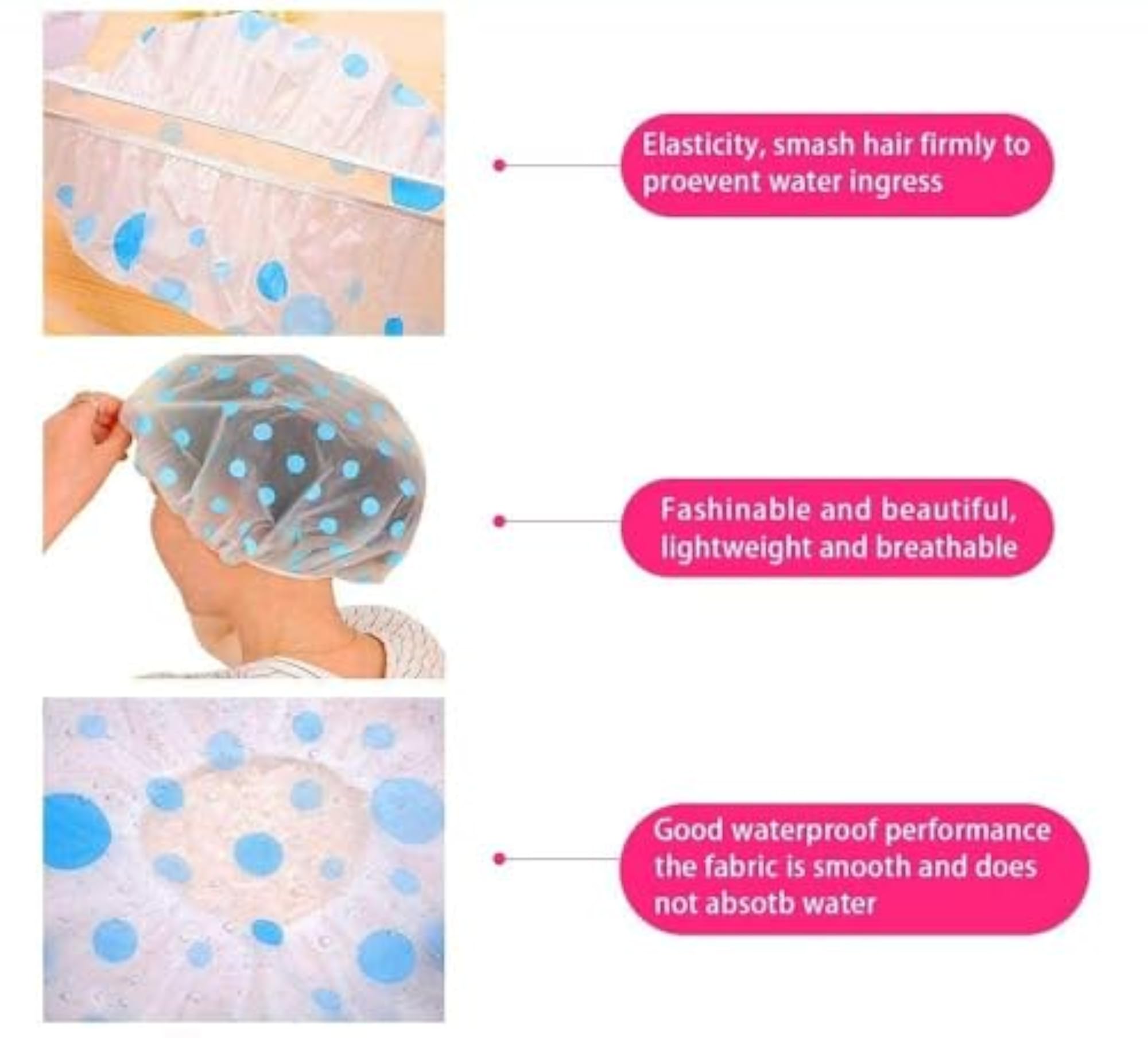 Waterproof Clear Hair Cover Shower Cap for Women, Reusable